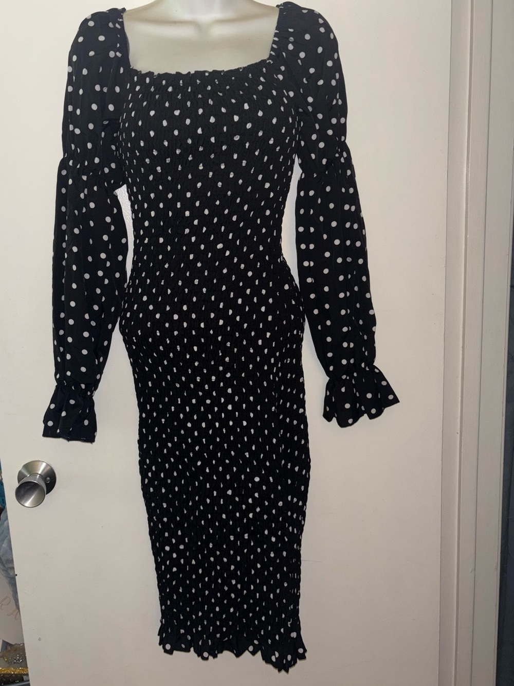 Black Polka Dot  Midi Dress pinup long stretchy dress Bodycon  vintage